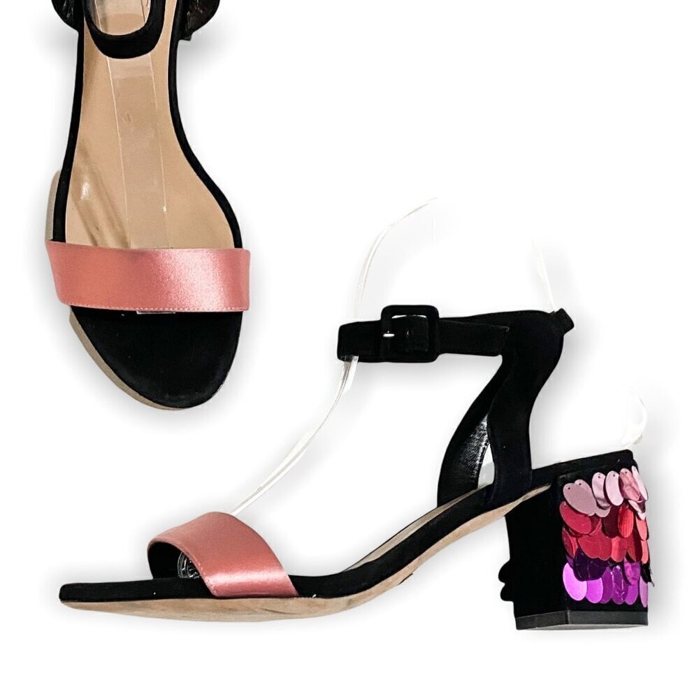 Sebastian Milano Suede and Satin Ankle strap Sandal with Pailette Heel, 37 EU